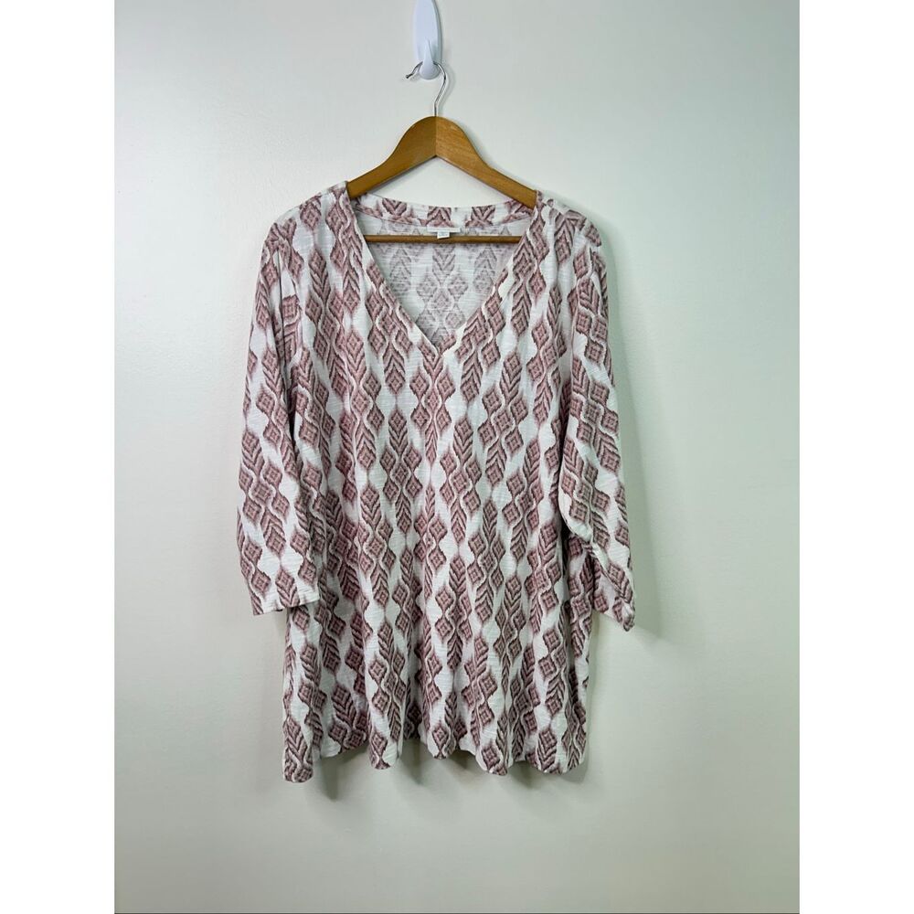Pure Jill Women’s Top 3X Cotton V-Neck‎ Tunic Blouse White Pink Geometric Print
